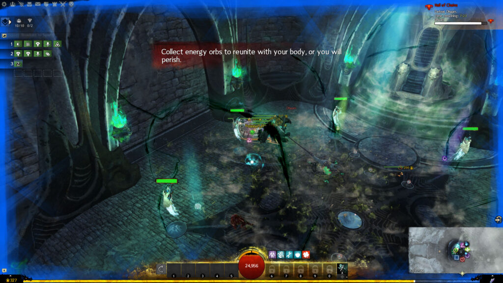A player's soul floating in midair with the message, "Collect energy orbs to reunite with your body, or you will perish," on-screen