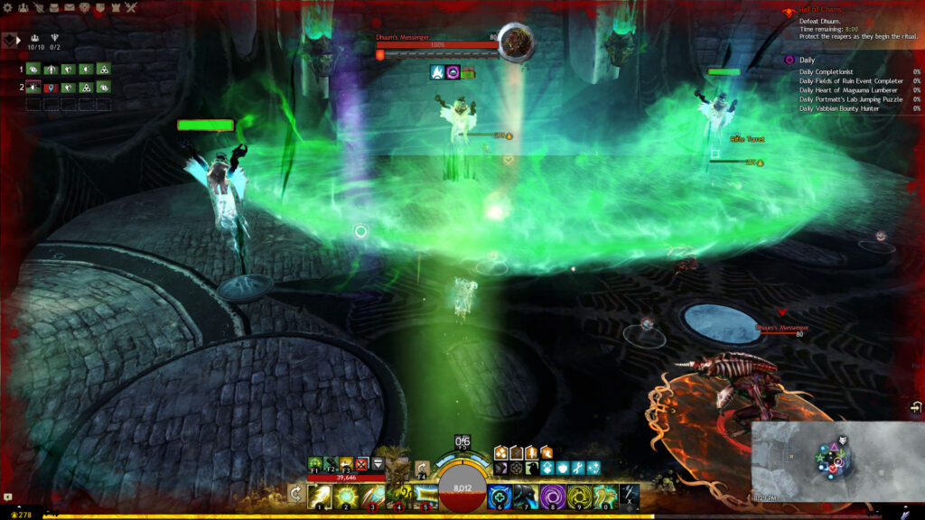 A player with Arcing Affliction exploding in a burst of green energy