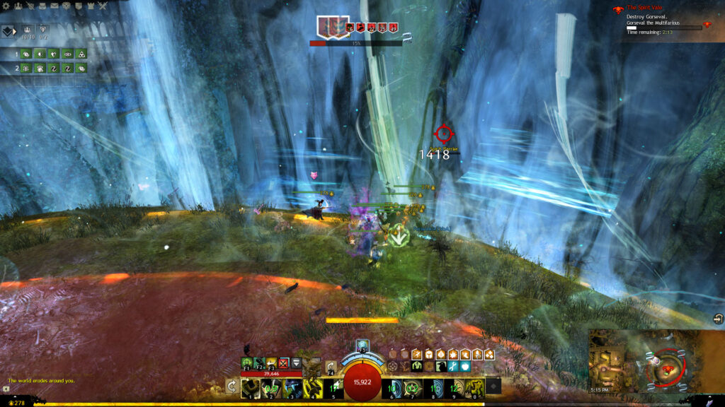 Players rushing to destroy a spirit barrier as the World Eater AoE nearly envelops the platform