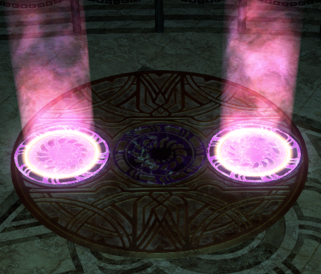 A summoning circle with two glowing pink runes
