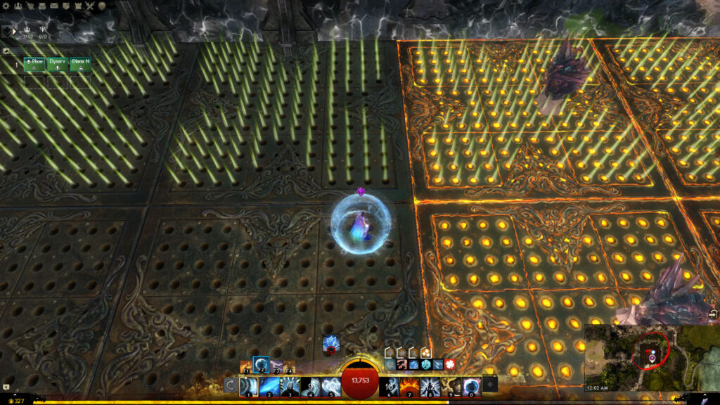 Green beams of light shining from the holes in the squares, indicating spikes are about to erupt from them