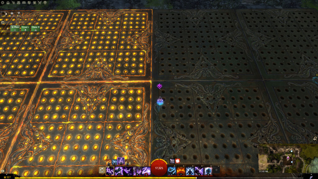 Black-brown player-controlled tiles and lit-up, orange enemy-controlled tiles