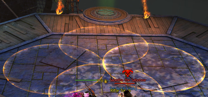 Four overlapping cannon fire AoEs on the platform