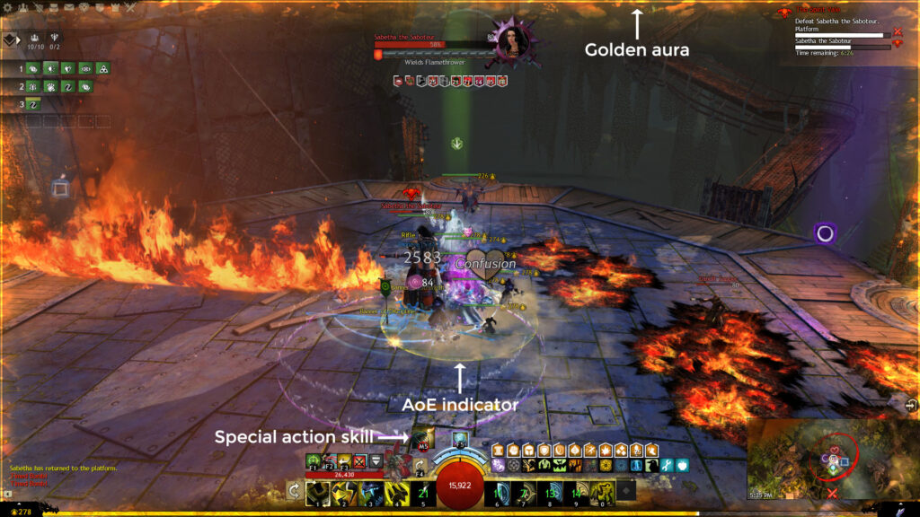 A player with a sapper bomb and labels pointing out the golden aura, AoE indicator, and special action skill