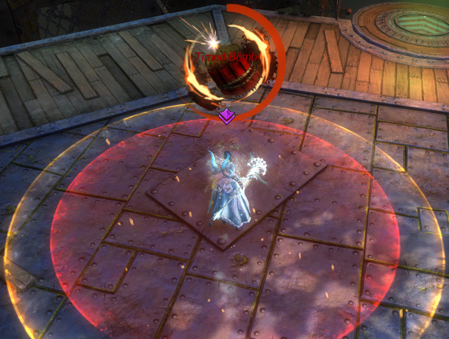 A player with a time bomb AoE, showing the dynamite overhead icon, and "Timed Bomb!" text