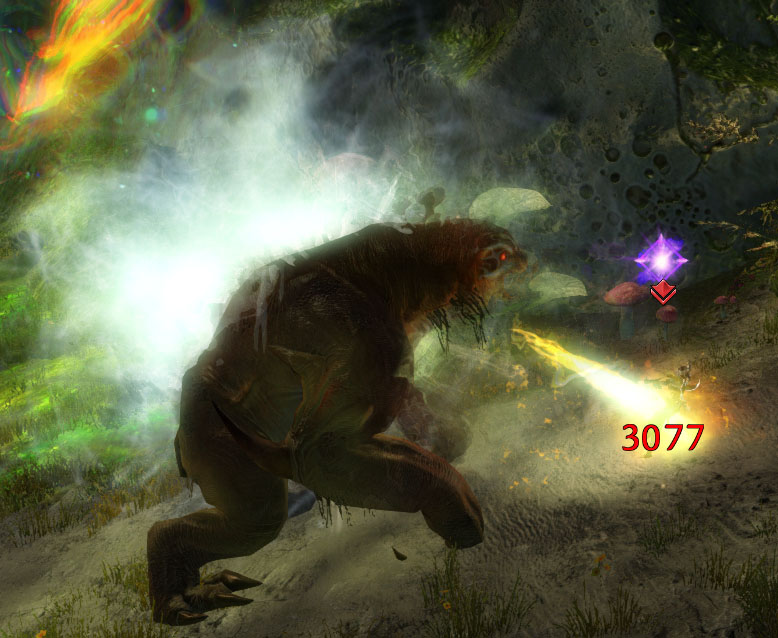 Slothasor, glowing white, breathes a steady stream of fire at a fixated player while using Halitosis