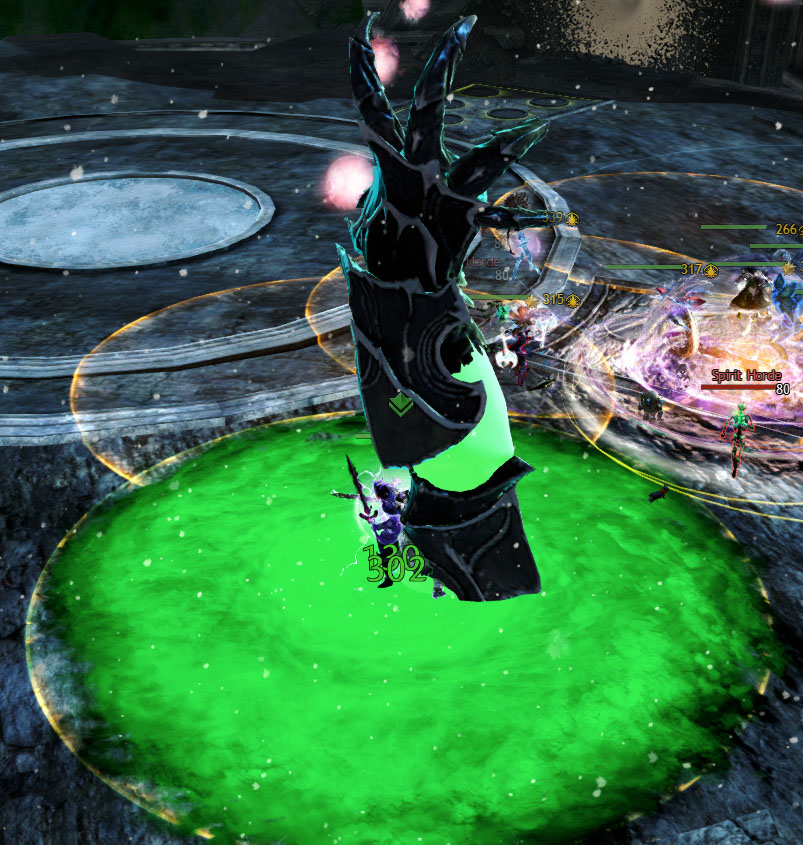 A player standing in a green AoE, with Dhuum's arm emerging from it