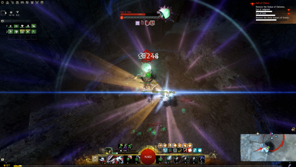A player using Flare near the Eye of Fate, a flash of light emitting out from them