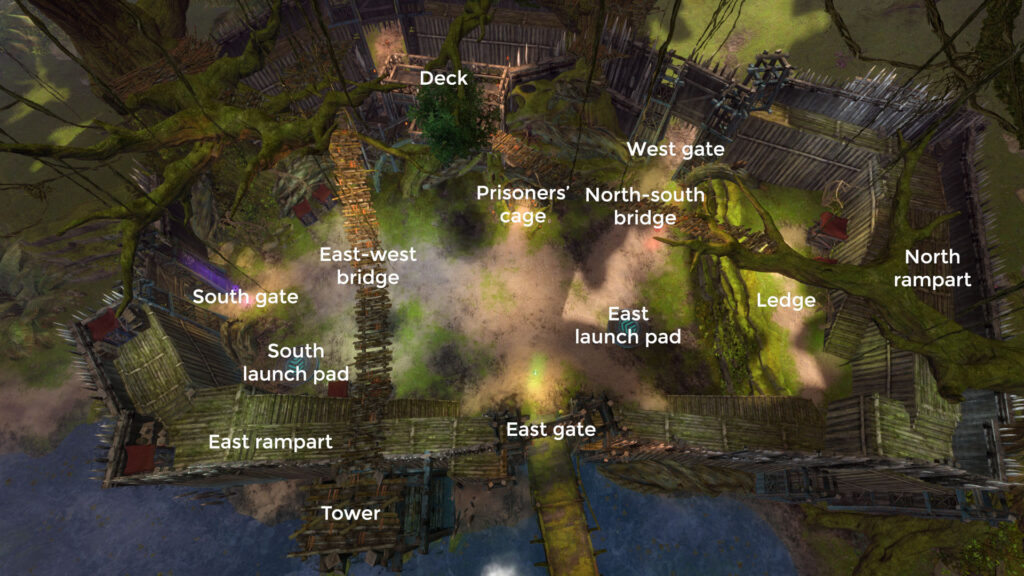 An aerial view of the Prison Camp with labels of the gates, ramparts, launch pads, tower, deck, and prisoners' cage