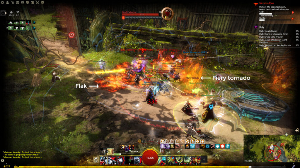 A squad fighting Narella with arrows pointing out the fiery tornadoes and flak