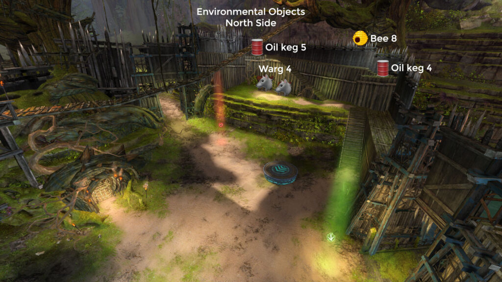 The environmental objects (beehives, oil kegs, and warg cages) on the north side of the Prison Camp