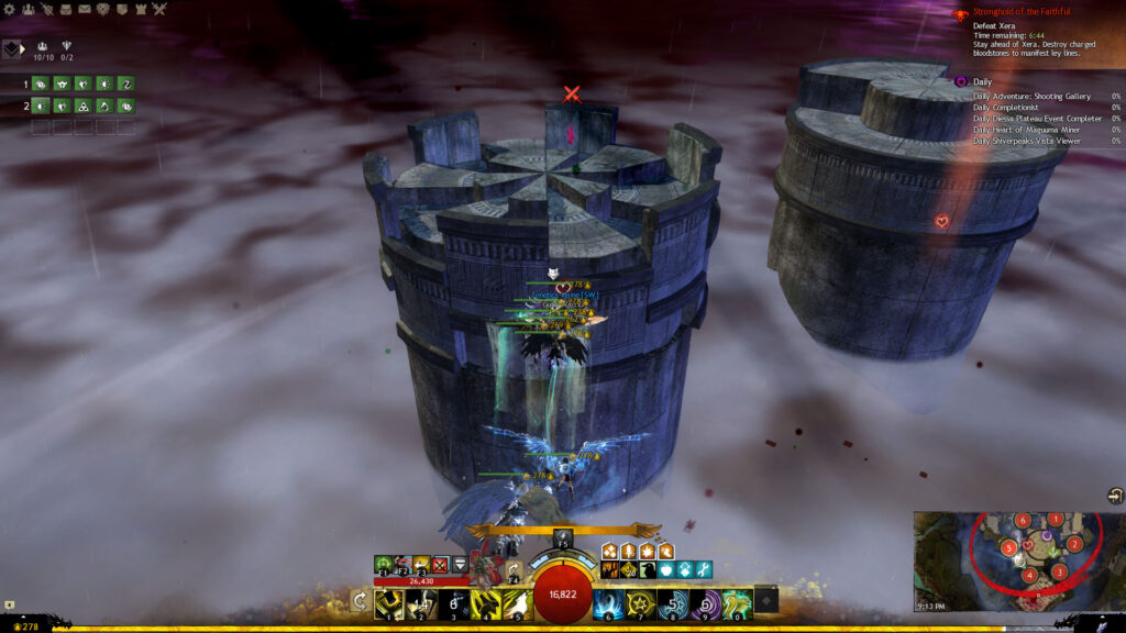 A raid squad riding a ley line to an outer platform with various raised segments